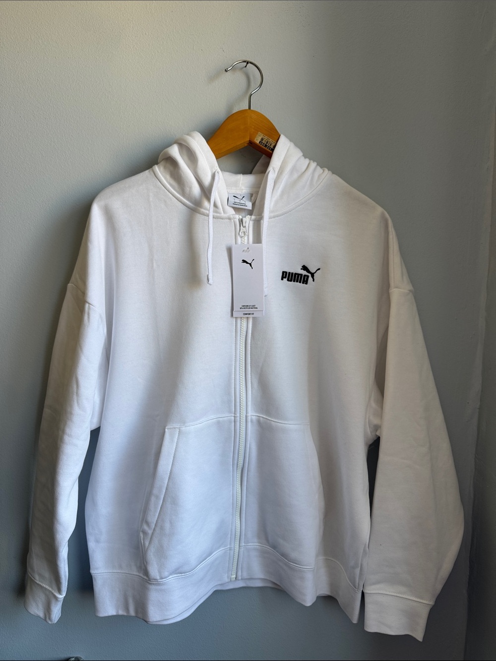 Puma Unisex White Zip-Up Hoodie with Black Logo NWT size L